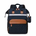 Dark blue multi-functional diaper backpack with brown leather accents and reflective strip - Dark Blue
