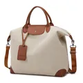 Beige canvas reistas met bruine leren details en een afneembare schouderriem - Donkerbruin
