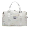 White travel bag with colorful wavy embroidery and textured fabric for gym or trips - Off White
