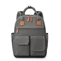 Large gray diaper backpack with multi-pocket storage and brown faux leather accents - Dark Gray