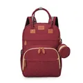 Burgundy quilted diaper backpack with large capacity and detachable round coin purse - Red