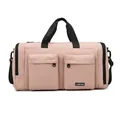Pink multi-pocket travel bag with independent shoe compartment and black shoulder strap - Pink
