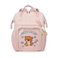 Pink cartoon bear diaper backpack with transparent front pocket and baby accessory details - Pink