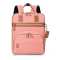 Pink multi-functional diaper backpack with brown leather details and breathable straps - Pink