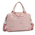 Pink quilted travel bag with colorful wave embroidery and adjustable shoulder strap - Pink