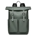 Waterproof matte olive green roll-top backpack with large front pockets and black straps - Green