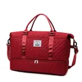Red quilted large capacity travel duffel bag with bottom shoe compartment and shoulder strap - Burgundy