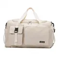 Bolsa de viaje beige de gran capacidad con múltiples bolsillos y nailon para deporte - Blanco Roto