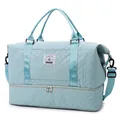 Mint green quilted travel duffel bag with bottom shoe compartment and shoulder strap - Lake Blue