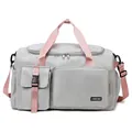 Bolsa de viaje gris claro de gran capacidad con correas rosas y múltiples bolsillos - Gris y Rosa