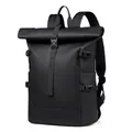 Matte black waterproof roll-top business travel backpack with adjustable side buckles - Black