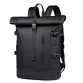 Waterproof roll-top black sports backpack with adjustable side buckles and matte finish - Black