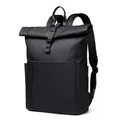Waterproof matte black roll-top backpack with metal buckle for travel and commuting - Black