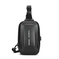 Men's black hardshell chest bag with carbon fiber texture, anti-theft lock, and USB port - Black