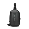 Men's black carbon fiber textured hard shell sling bag with USB port and fashion logo - Black