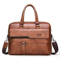 Dark brown leather business briefcase with Jeep BULUO logo and woven shoulder strap - Khaki (Logo Version)