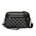Borsa a tracolla da uomo con inserto in pelle nera e tessuto grigio testurizzato - Motivo a Cerchi Collegati / Cerchio Nero