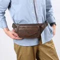 Brown vintage faux leather waist bag for men featuring a front flap and metal rivets - Dark Brown