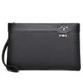 Mens black leather business clutch bag with kangaroo logo and tricolor wrist strap - Black