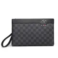Dark grey checkered men's clutch bag with top black trim and wrist strap - Plaid