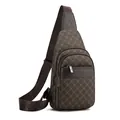 Dark brown men's sling bag featuring monogram pattern and adjustable wide strap - Vintage Monogram Pattern (Dark Brown) / Dark Brown