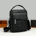 Men's black litchi leather crossbody bag with multiple pockets and top handle - Black