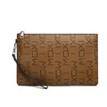 Brown leather pouch with black MOXI logo print and silver zipper for men - Dark Brown Black MOX Letter