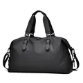 Black large capacity travel duffel bag with leather straps and detachable shoulder strap - Black