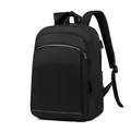 Minimalist black business backpack with USB port and safety reflective strips on white base - Black