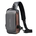 Mens anti-theft chest bag with USB port and breathable mesh strap in gray contrast - Grey Brown