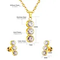 Detail of gold-plated stainless steel jewelry set with dimensions of studs and pendant - Three-Stone Vertical Alignment - Gold (SE200501G)