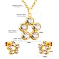 Close-up of gold stainless steel flower jewelry set with sparkling white zirconia stones - Five-Petal Flower - Gold (SE200901G)