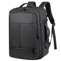 Large black expandable travel backpack with multi-layer zippers and side buckle straps - Black