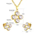 Detailed view of gold plated stainless steel flower jewelry set with cubic zirconia stones - Four-Leaf Flower - Gold (SE200801G)