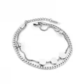 Double-layered silver stainless steel bracelet featuring Cuban chain and round pendants - Silver Double Circle Discs (BR235501S)