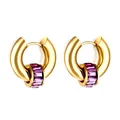 Golden titanium steel hoop earrings featuring rectangle purple crystal drop pendants - Gold Purple Stone Style (EA57650CG)