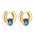 Golden titanium steel hoop earrings featuring deep blue faceted crystal accents - Gold Blue Stone Style (EA57650KG)