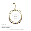 Detail view of double-layer stainless steel gold bracelet with purple chalcedony beads - Double Layer Purple Beaded Style (MSB0479)