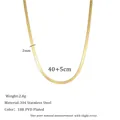 Detail view of 2mm flat snake chain necklace with 18K PVD gold plating and dimensions - 2mm Necklace Style (MSNK0047G-2mm)