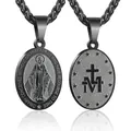 Dubbel zicht op de zwarte Maria-hanger met gravures en metalen gevlochten ketting - 01-Zwart (Wonderdadige Medaille)