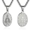 Polished stainless steel Virgin Mary pendant necklace showing both sides on white background - 01-Silver (Miraculous Medal)