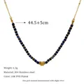 Detail showing 18K PVD plated stainless steel chain with blue stone beads and dimensions - Square Pendant (MSNK0231)