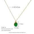 Detail showing 18K gold-plated stainless steel necklace with green stone pendant and size specs - Dark Green