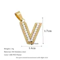 Gold plated stainless steel letter V pendant with inlaid pearls and dimensions - Letter V Style (MSPJ0001-V)