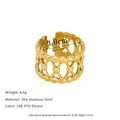 Macro shot of 18K gold plated 304 stainless steel ring showing 1.8cm inner diameter - Open Adjustable / Hollow Cross Braided Style (MSR0188) / Gold