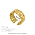 Detailed view of 18K gold plated stainless steel ring with woven chain texture - Open Adjustable / Hollow Chain Wheat Texture Style (MSR0189) / Gold