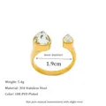 Golden 18K PVD gold plated stainless steel open ring featuring dual teardrop zircons - Transparent White (MSR0309-WH)