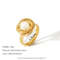 18K PVD vergoldeter Edelstahl-Spiralring mit einer weißen Perle verziert - US 8 / Gold