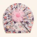 Detail der rosa Netzblume und des floralen Musters auf der grauen Baby-Turban-Mütze - Grau