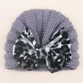 Baby purple grey knit hat featuring a stylish leopard print bow for infant winter warmth - One Size / Purple